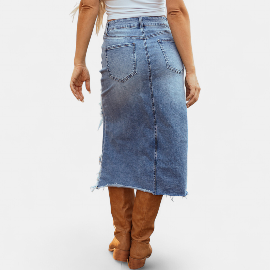 Phoebe – Distressed Asymmetric Denim Midi Skirt