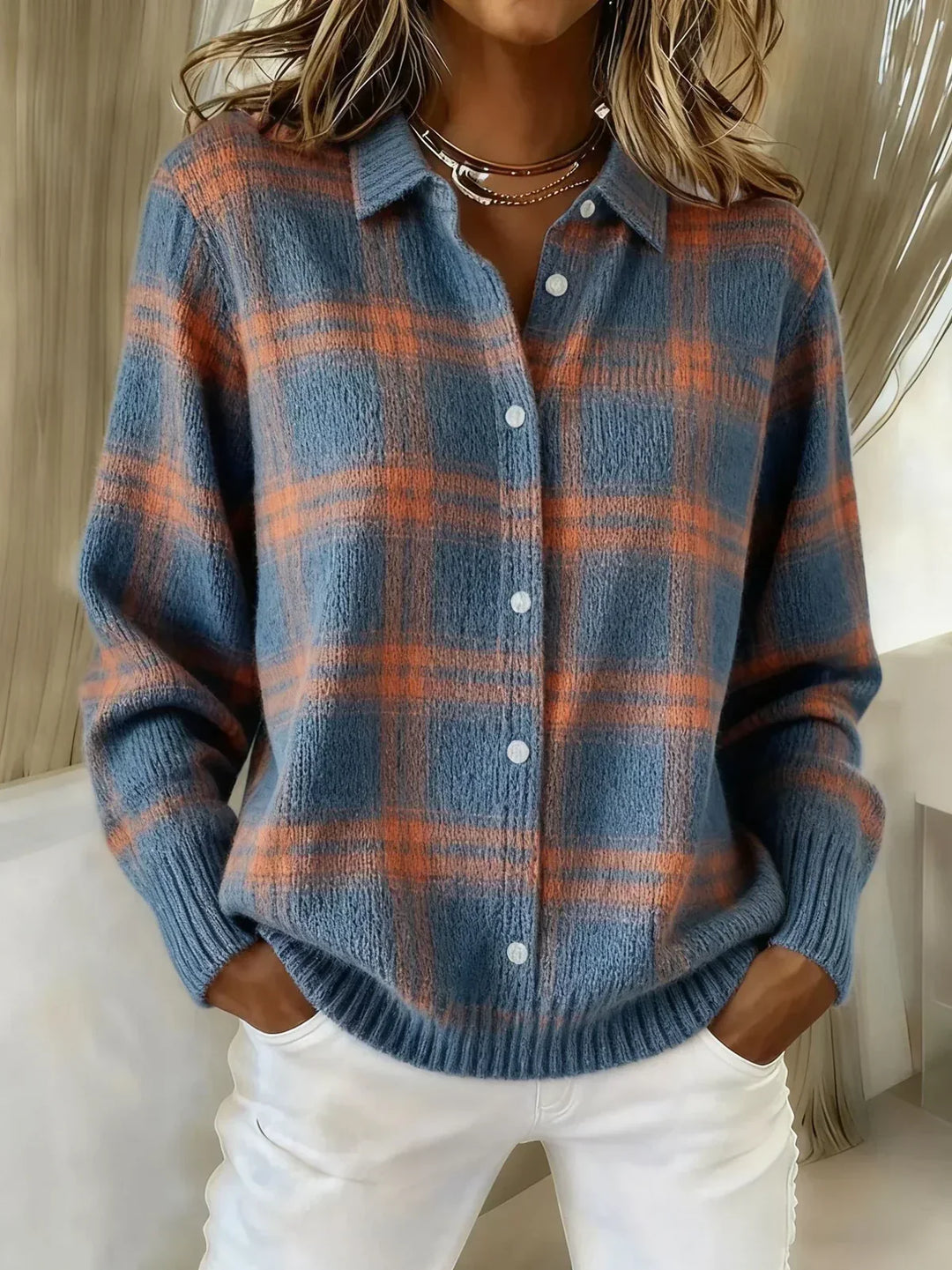 Sheena – Cosy Check Button-Up Cardigan
