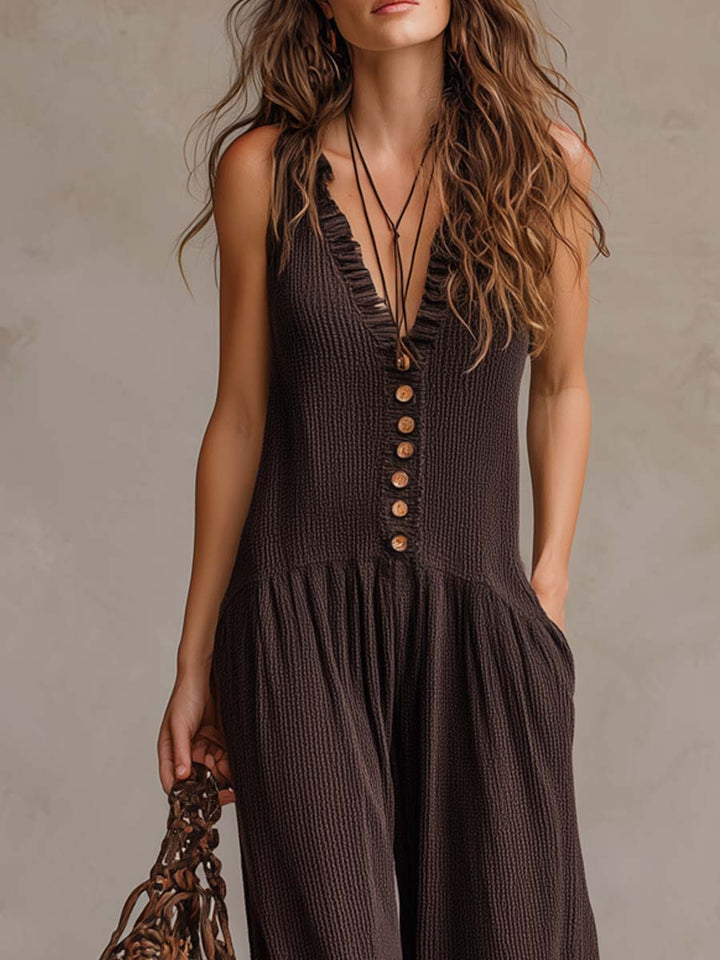 Wilhelmina – Boho Button-Front Wide Leg Jumpsuit