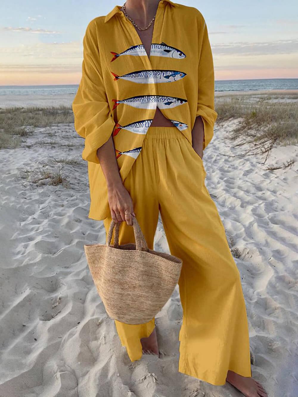 Reed | Island Style Ocean Print Oversized Shirt and Elastic Waist Pocket Trousers Set