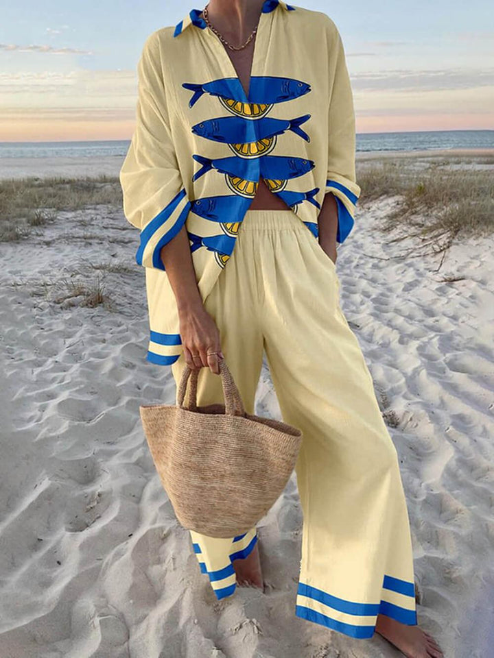 Reed | Island Style Ocean Print Oversized Shirt and Elastic Waist Pocket Trousers Set