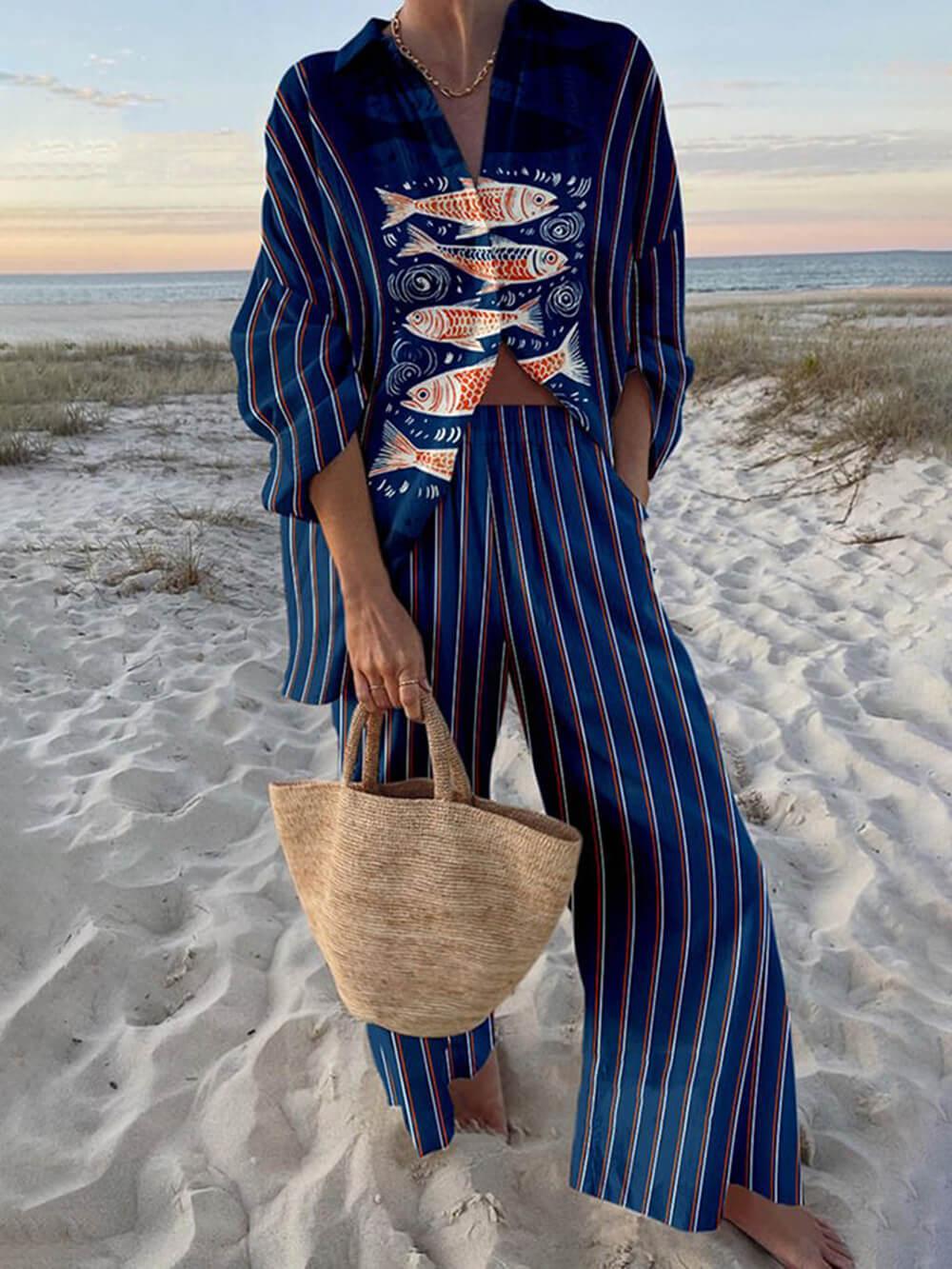 Reed | Island Style Ocean Print Oversized Shirt and Elastic Waist Pocket Trousers Set