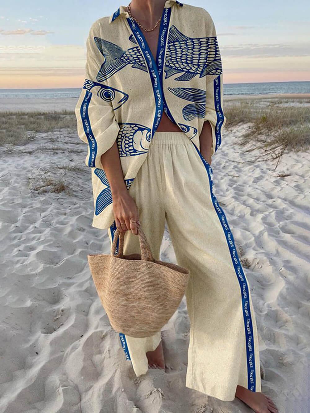Reed | Island Style Ocean Print Oversized Shirt and Elastic Waist Pocket Trousers Set