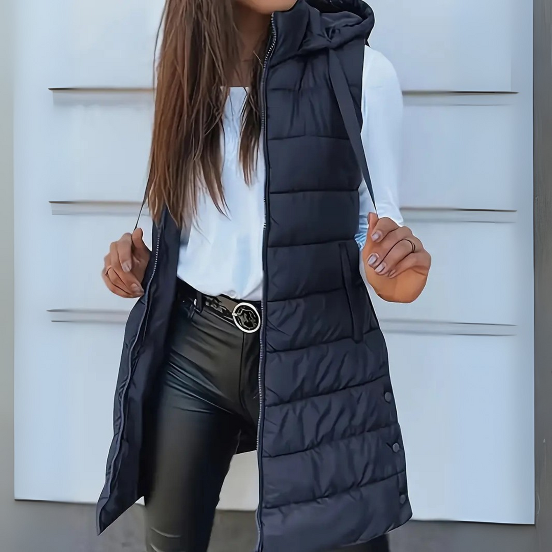 Irene – Long Hooded Sleeveless Puffer Waistcoat