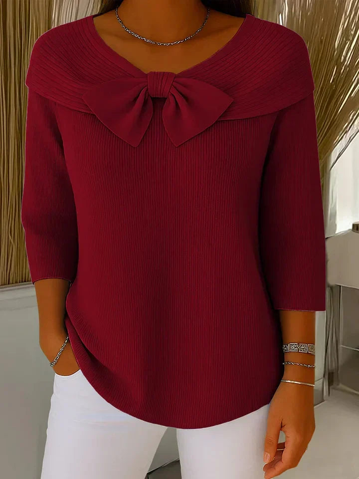Janet – Fitted Ribbed Knit Top with Bow Detail