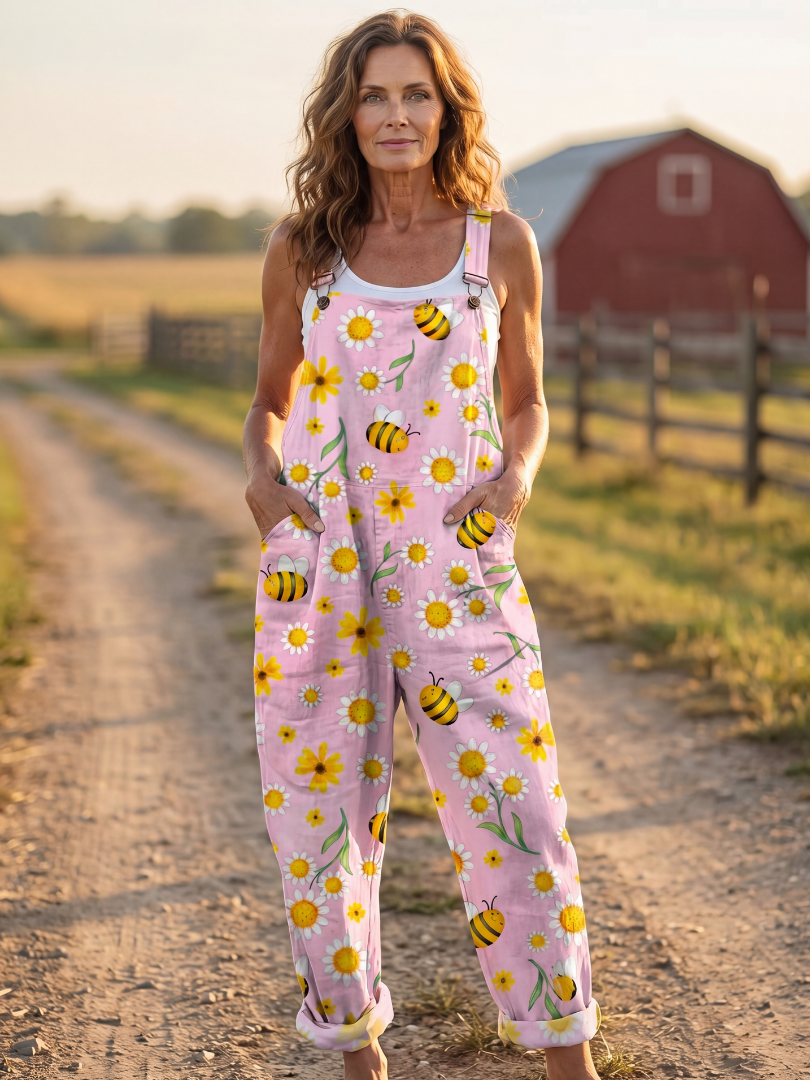 Macey | Daisy & Bee-Print Dungarees