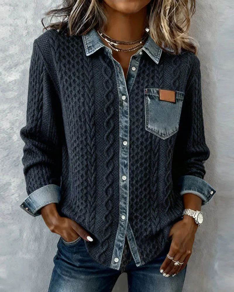 Blodwen – Cable Knit Denim Patchwork Shirt