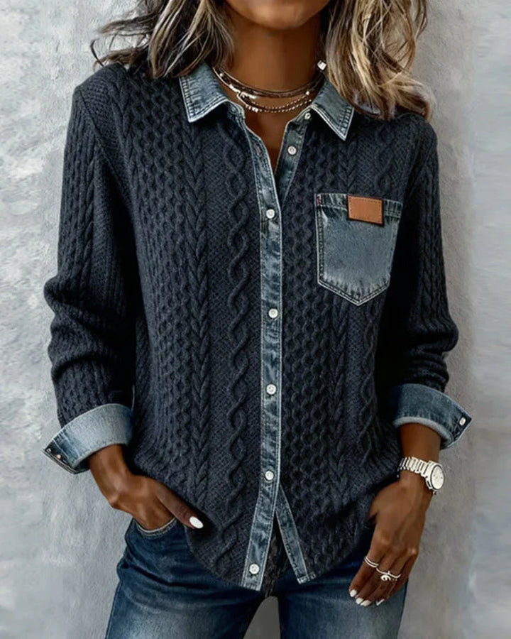 Blodwen – Cable Knit Denim Patchwork Shirt
