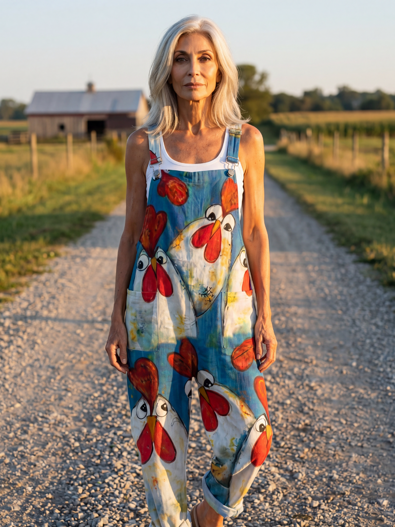 Natalie | Rooster-Print Dungarees