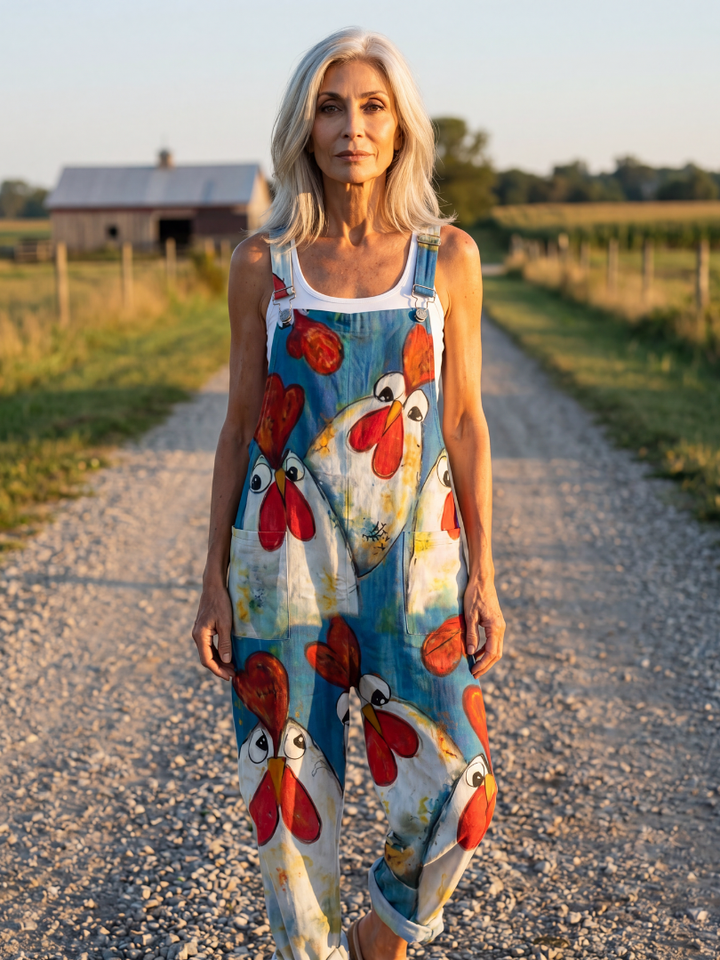 Natalie | Rooster-Print Dungarees