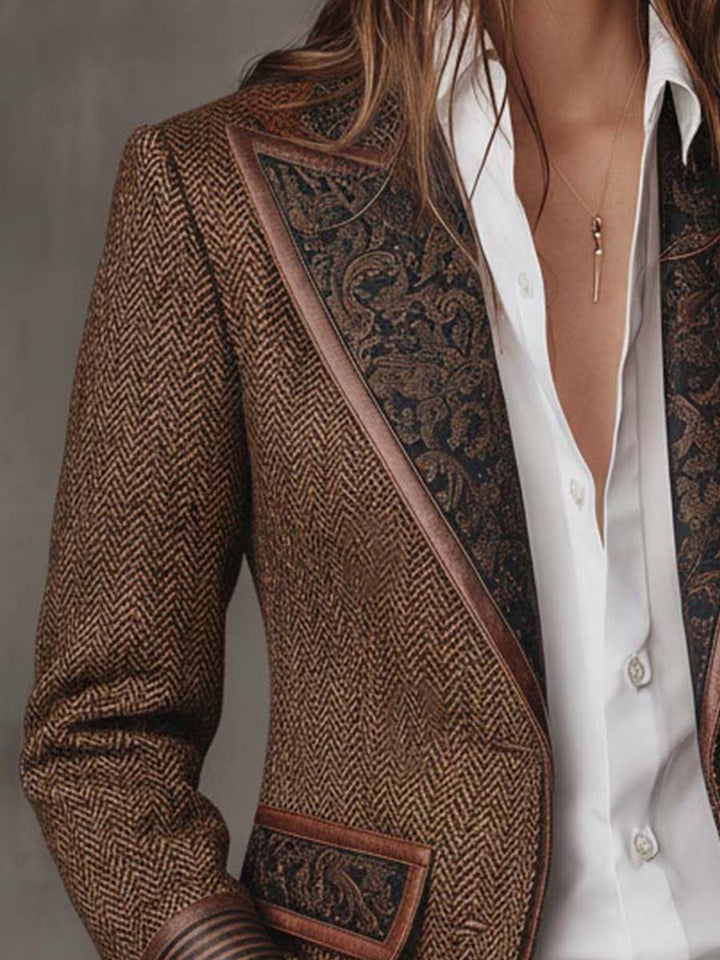 Esme – Herringbone Blazer with Printed Panels