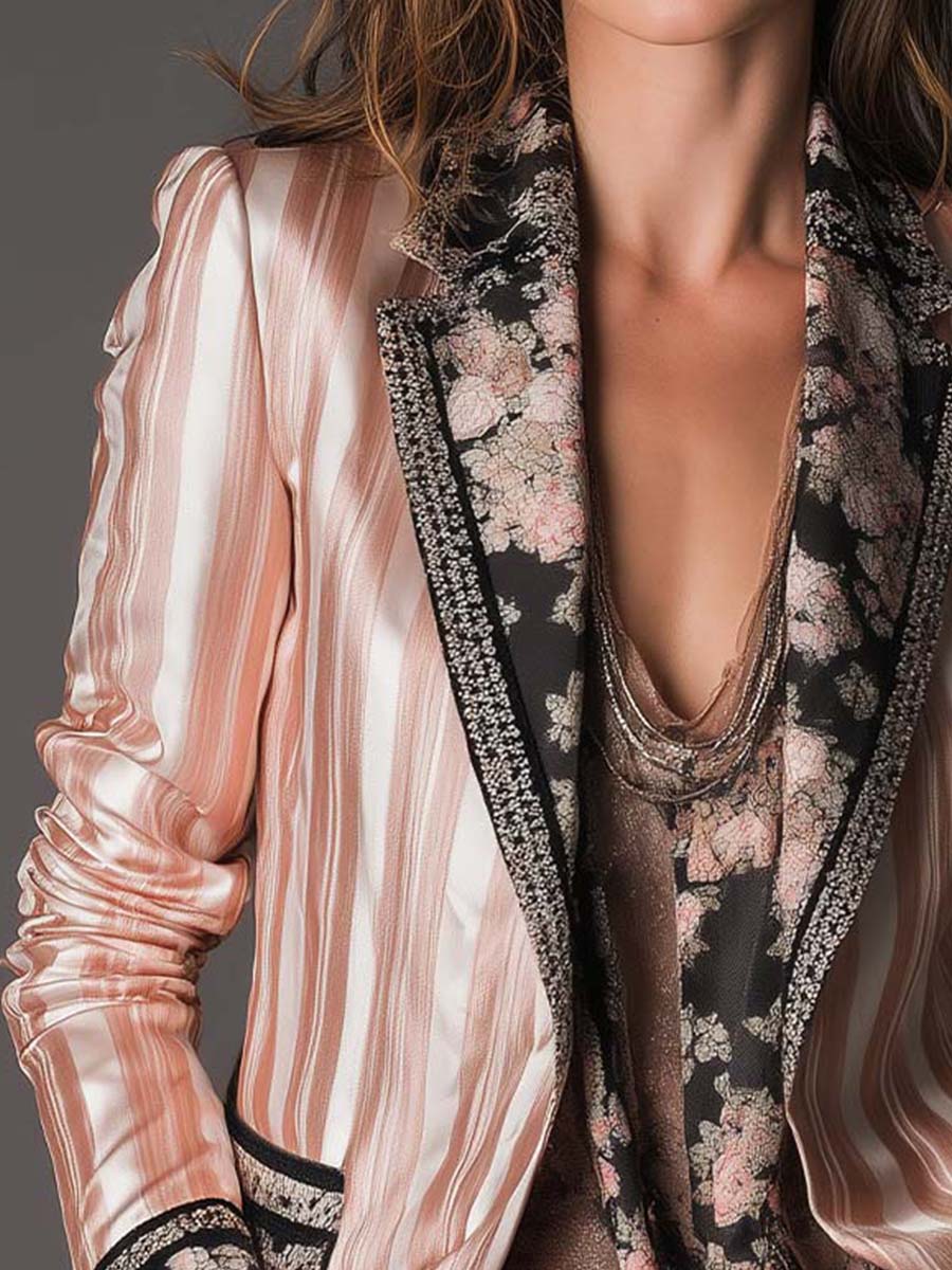 Lydia – Striped Satin-Look Blazer with Floral Detail