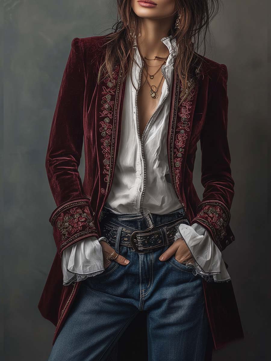 Roseanne – Embroidered Velvet-Look Long Jacket