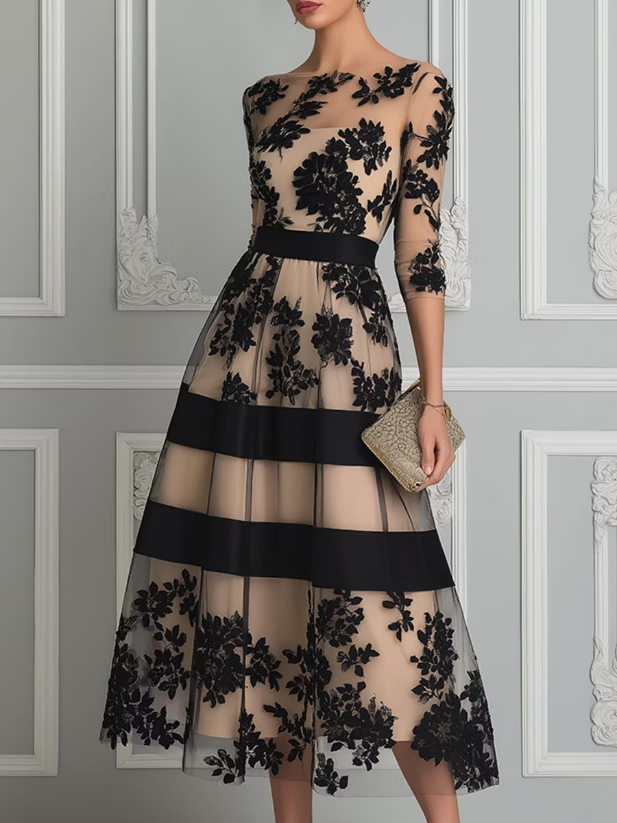 Verity – Floral Lace A-Line Midi Dress