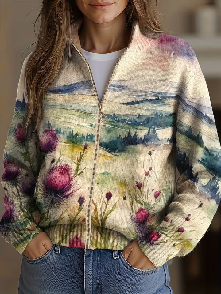 Janice – Watercolour Thistle Landscape Zip Cardigan