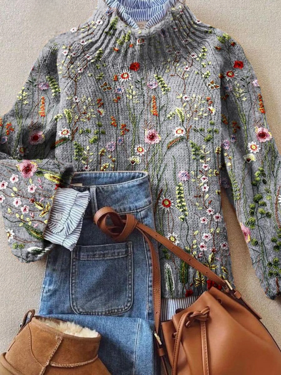 Olena | Vintage Lovely Floral Art Print Knit Polo Neck Pullover Jumper