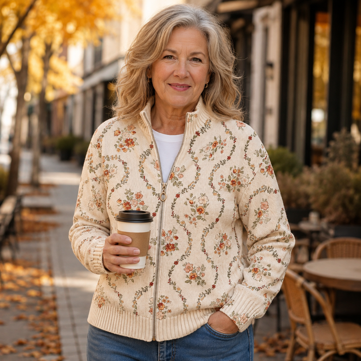 Rita – Floral Vine Zip-Up Knit Jacket