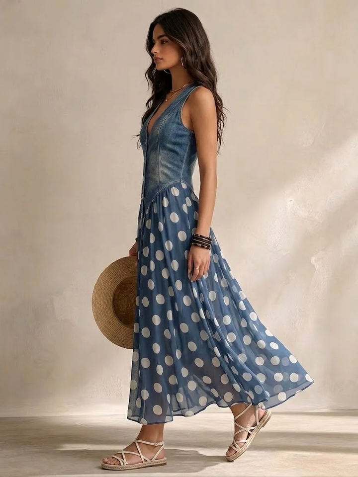 Orla – Denim Bodice Polka Dot Midi Dress