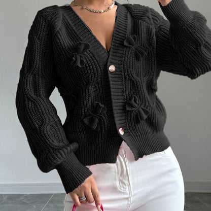 Perpetua – Bow-Detail Cable-Knit Cardigan