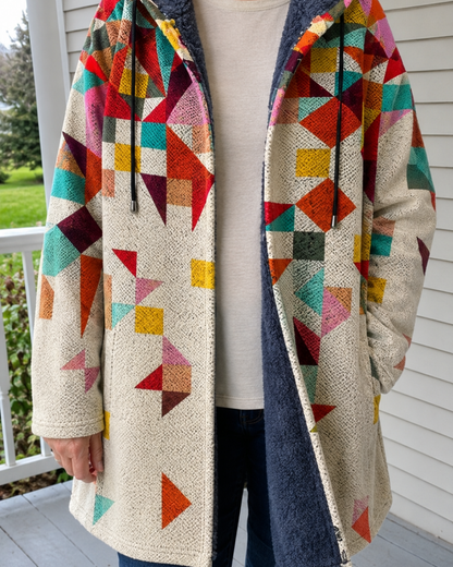 Dorothy – Geometric Print Fleece-Lined Hooded Jacket