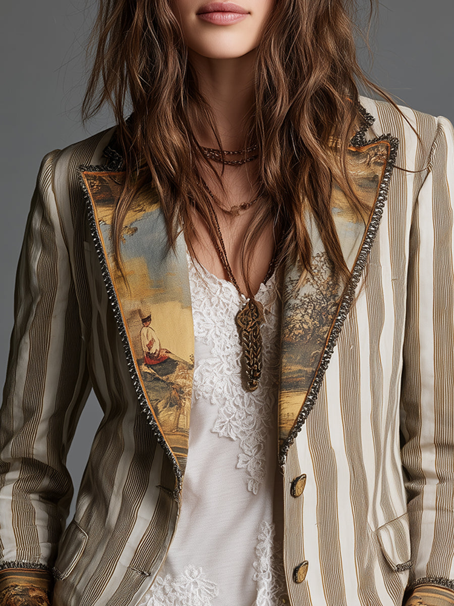 Ruth – Striped Blazer with Artistic Printed Lapels