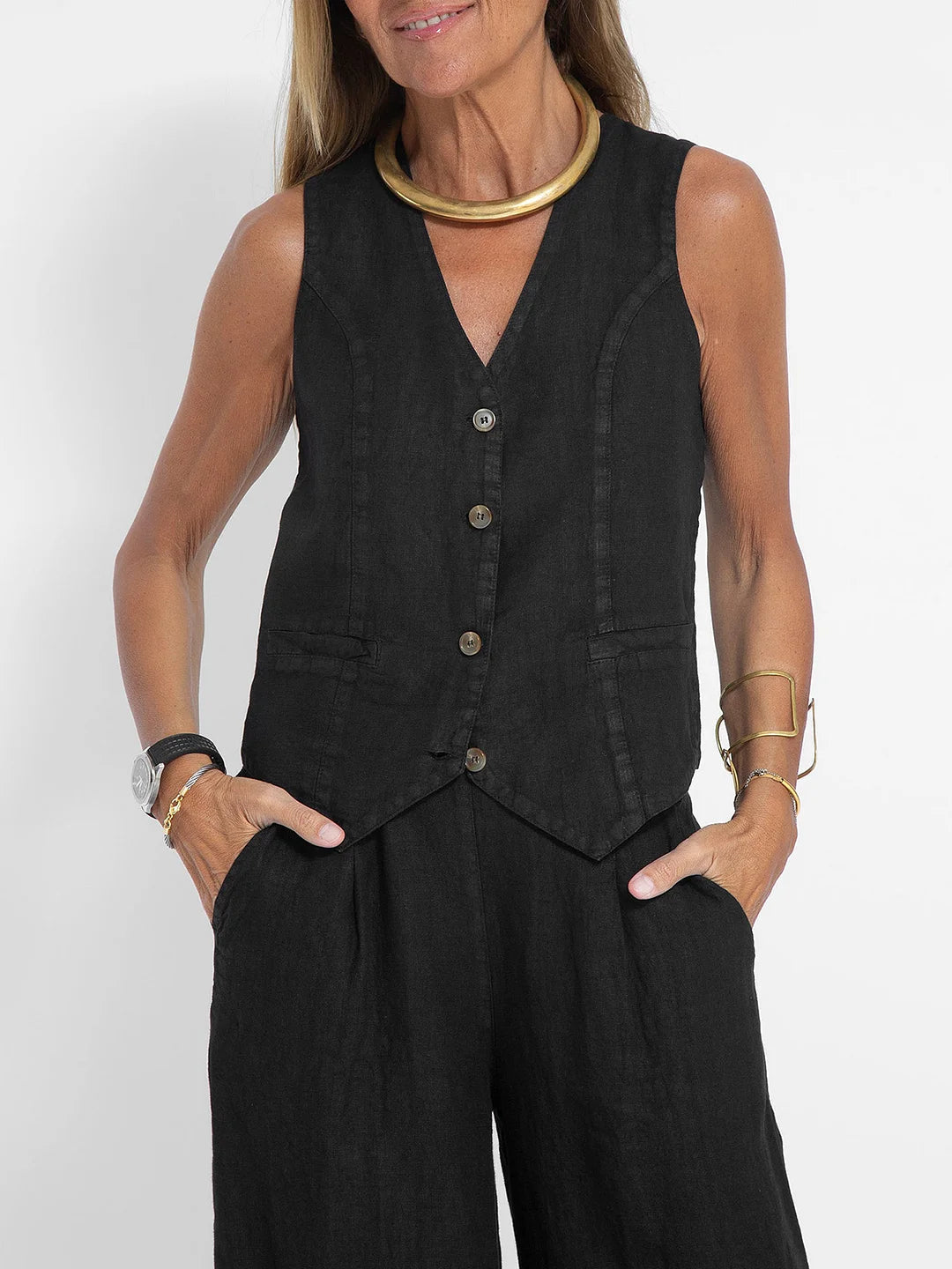 Cristina | Buttoned Vest and Wide-Leg Trousers Set