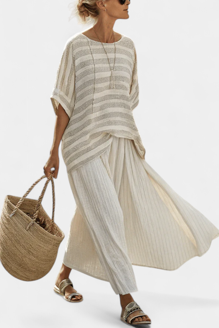 Elinor | Comfortable Striped Bamboo Top & Flowing Linen Trousers