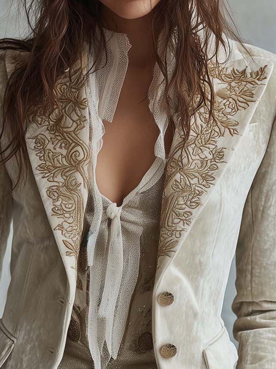 Hermione – Embroidered Blazer with Lace Cuff Detail