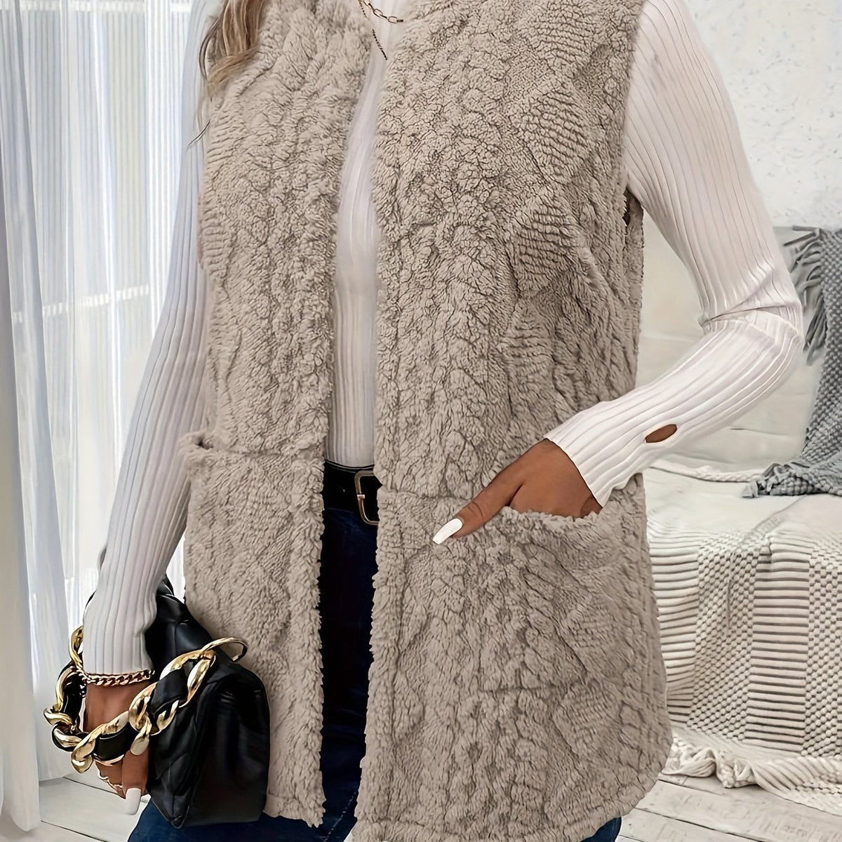 Mairead – Longline Sherpa-Effect Sleeveless Waistcoat