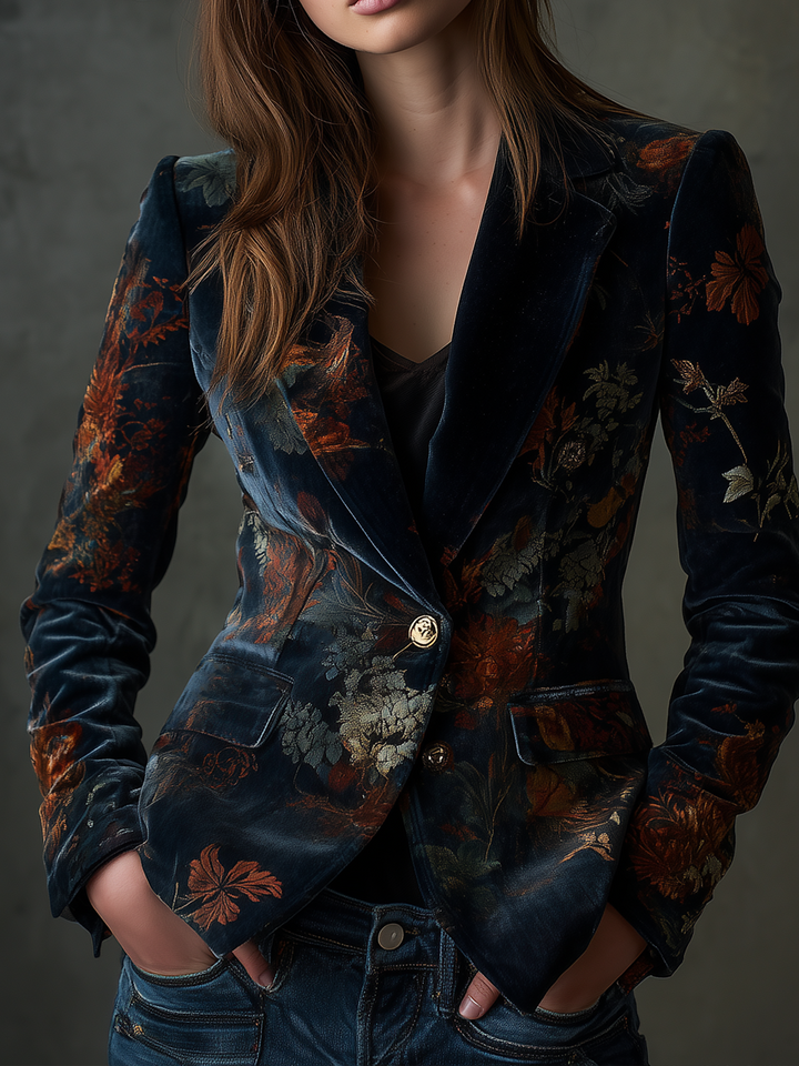 Sheena – Floral Velvet Blazer with Gold Buttons