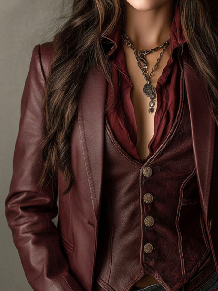 Rowena – Faux-Leather Blazer with Ruffle Detail