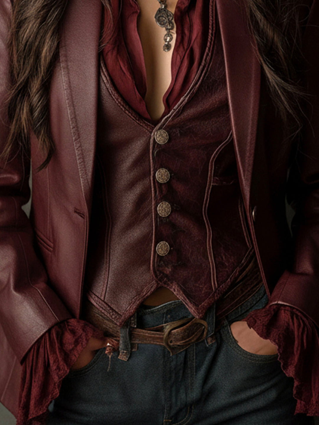 Rowena – Faux-Leather Blazer with Ruffle Detail