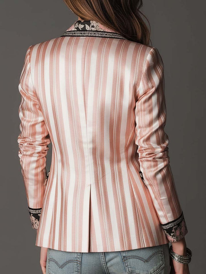 Lydia – Striped Satin-Look Blazer with Floral Detail