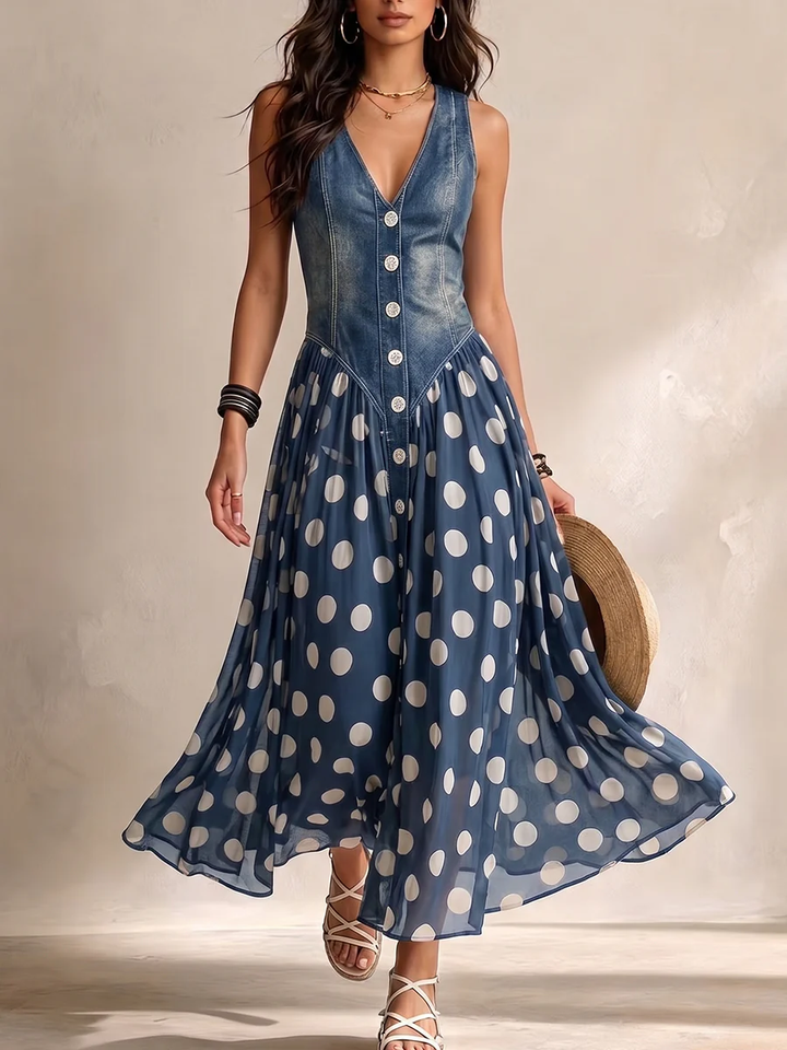 Orla – Denim Bodice Polka Dot Midi Dress