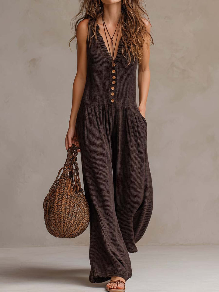 Wilhelmina – Boho Button-Front Wide Leg Jumpsuit