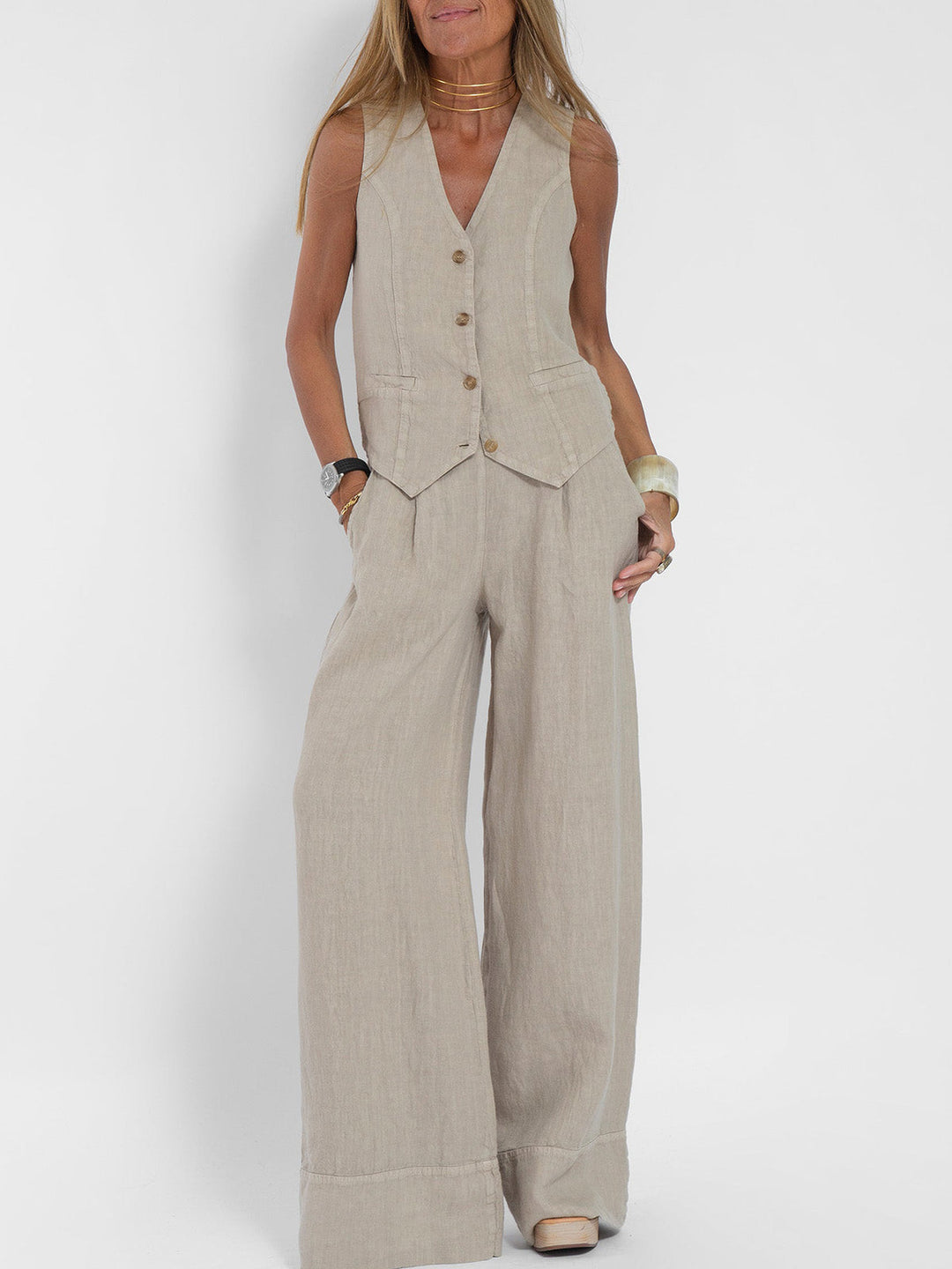 Cristina | Buttoned Vest and Wide-Leg Trousers Set