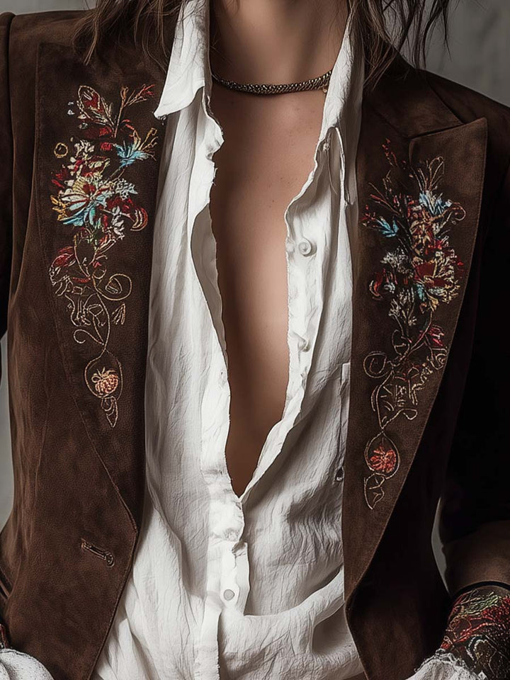 Rhiannon – Embroidered Suede-Look Tailored Blazer