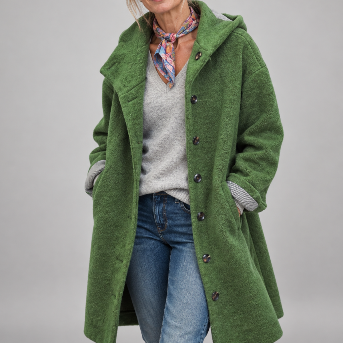 Lavinia – Hooded Button-Front Textured Coat