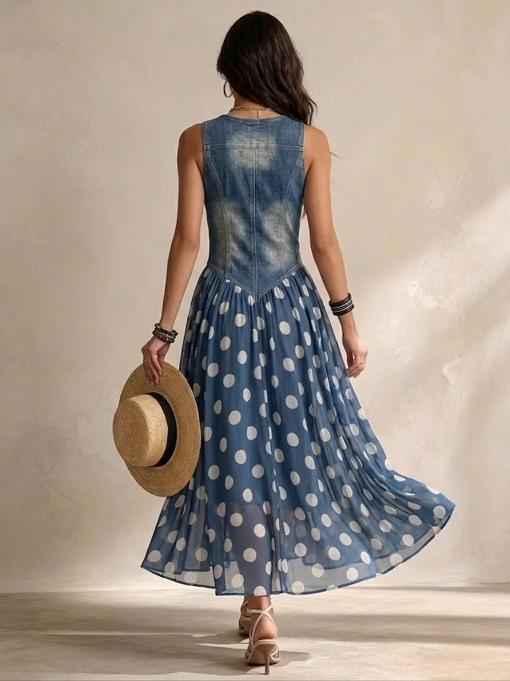 Orla – Denim Bodice Polka Dot Midi Dress