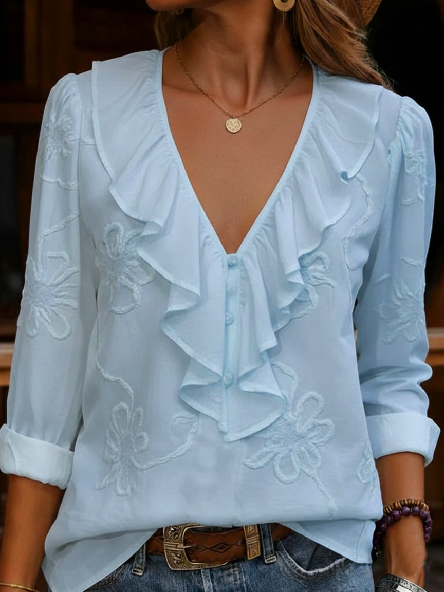 Phoebe – Ruffle V-Neck Floral Embroidered Blouse
