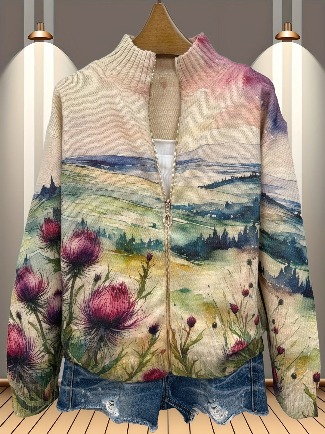 Janice – Watercolour Thistle Landscape Zip Cardigan