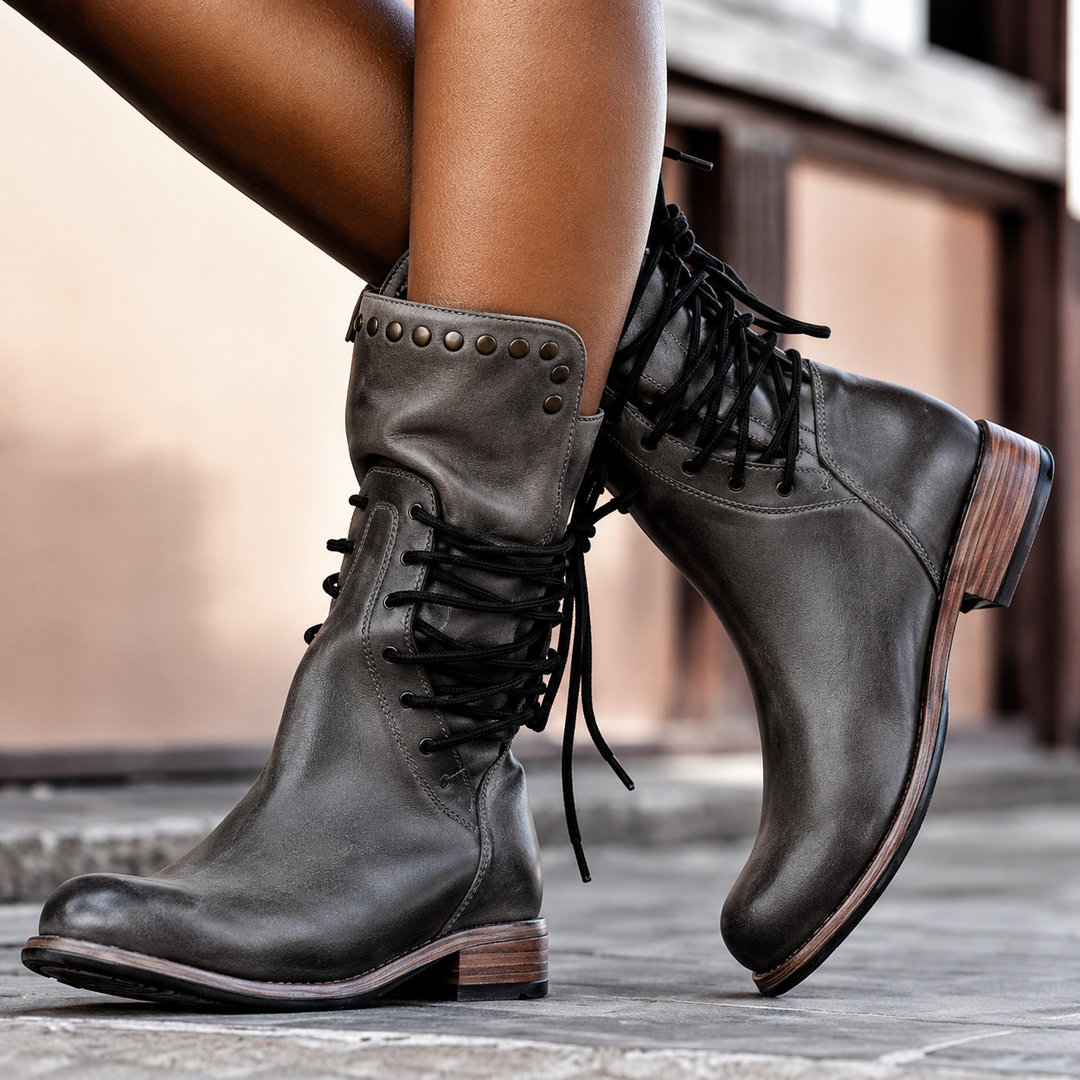 Camilla – Lace-Up Studded Mid-Calf Boots