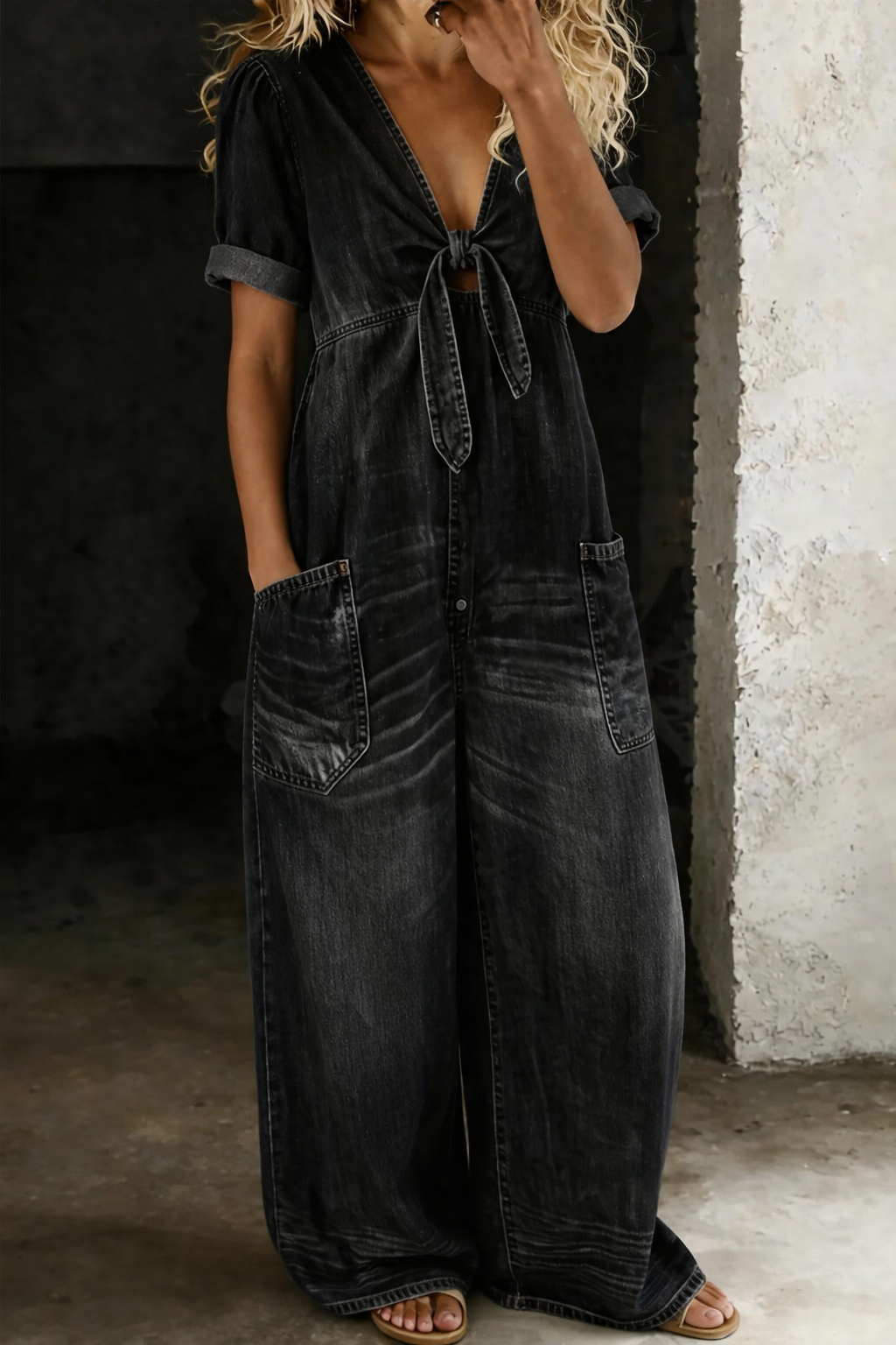 Thomasina – Wide Leg Denim-Look Jumpsuit
