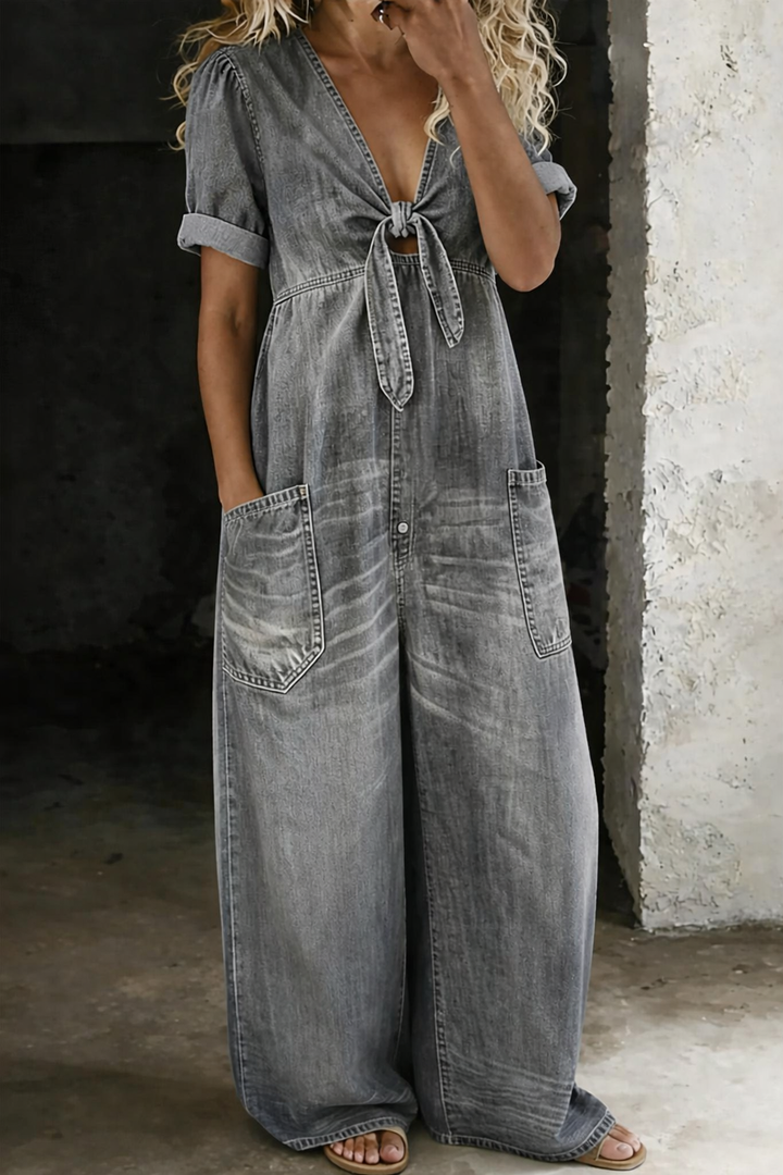Thomasina – Wide Leg Denim-Look Jumpsuit