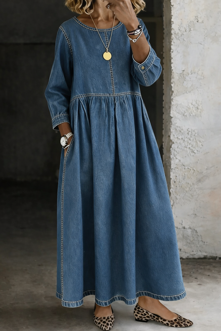 Alison – Relaxed Denim-Look Gathered Maxi Dress