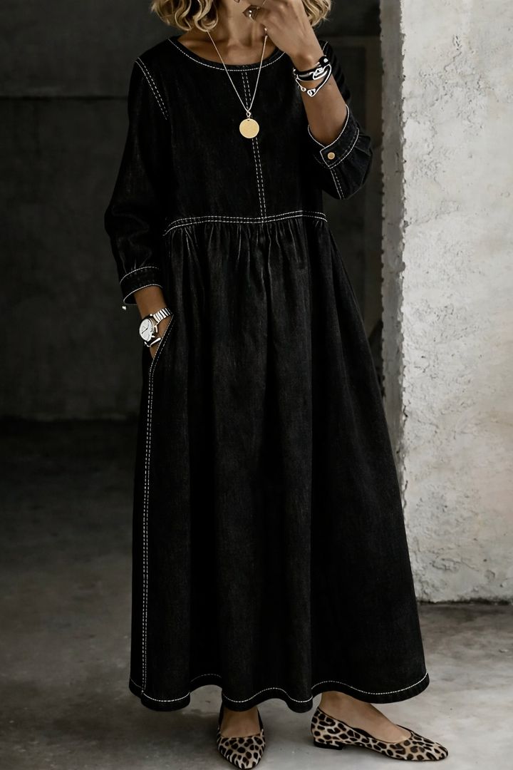 Alison – Relaxed Denim-Look Gathered Maxi Dress