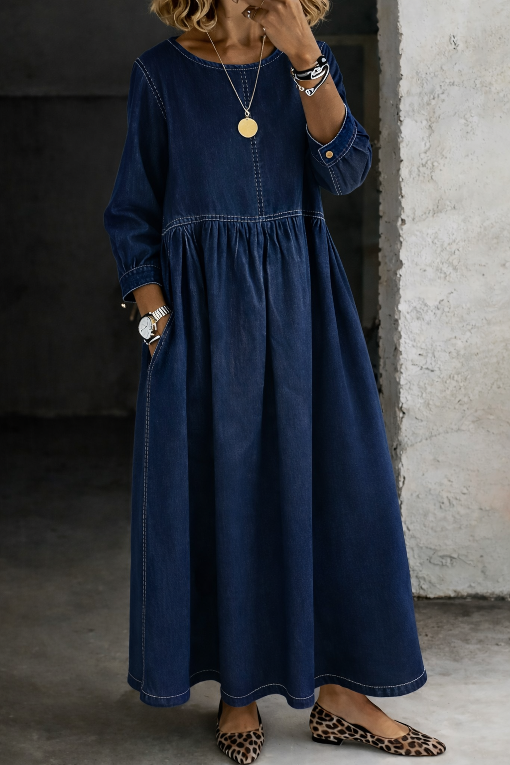 Alison – Relaxed Denim-Look Gathered Maxi Dress
