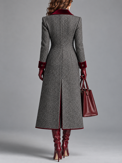 Iris – Herringbone Longline Coat with Velvet Trim