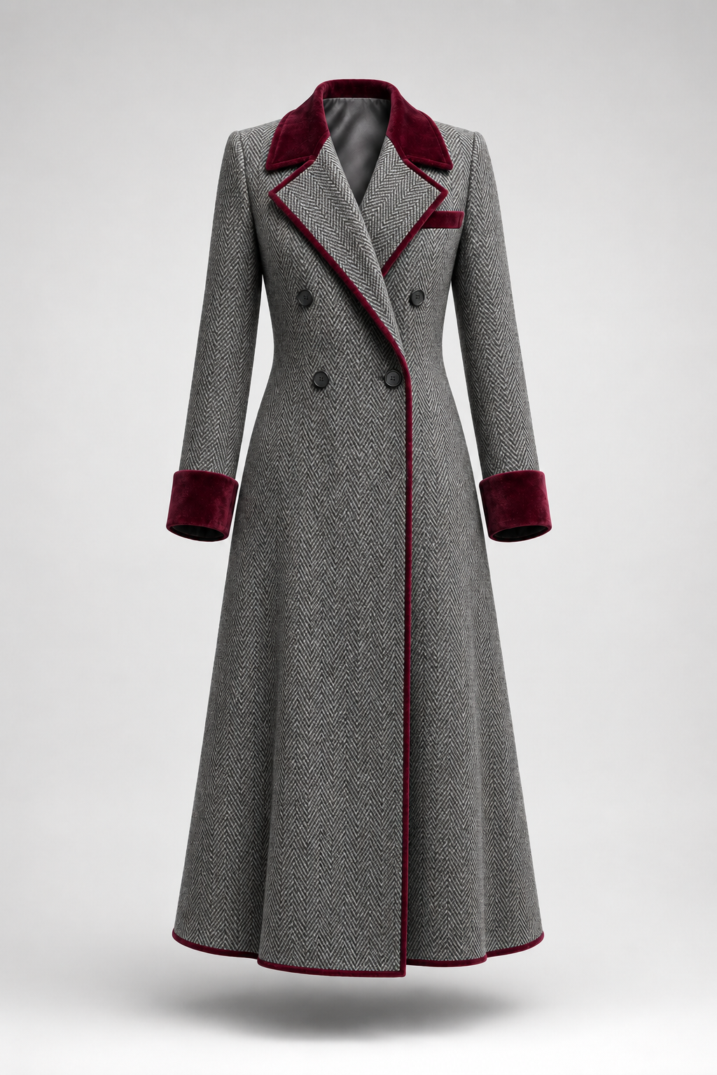 Iris – Herringbone Longline Coat with Velvet Trim