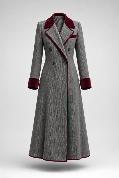 Iris – Herringbone Longline Coat with Velvet Trim